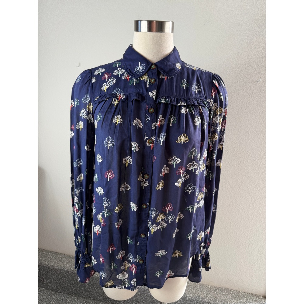 Maeve Anthropologie Womens Small Blue Tree Print Peter Pan Collar Blouse